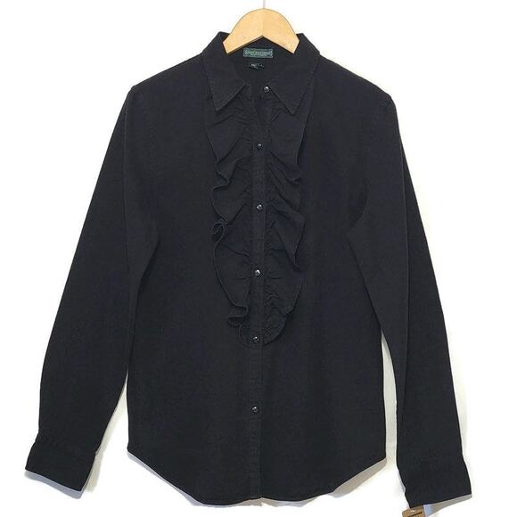 Ralph Lauren Ruffle Front Long Sleeve Button Down Cotton Black Shirt Size L - Picture 1 of 13